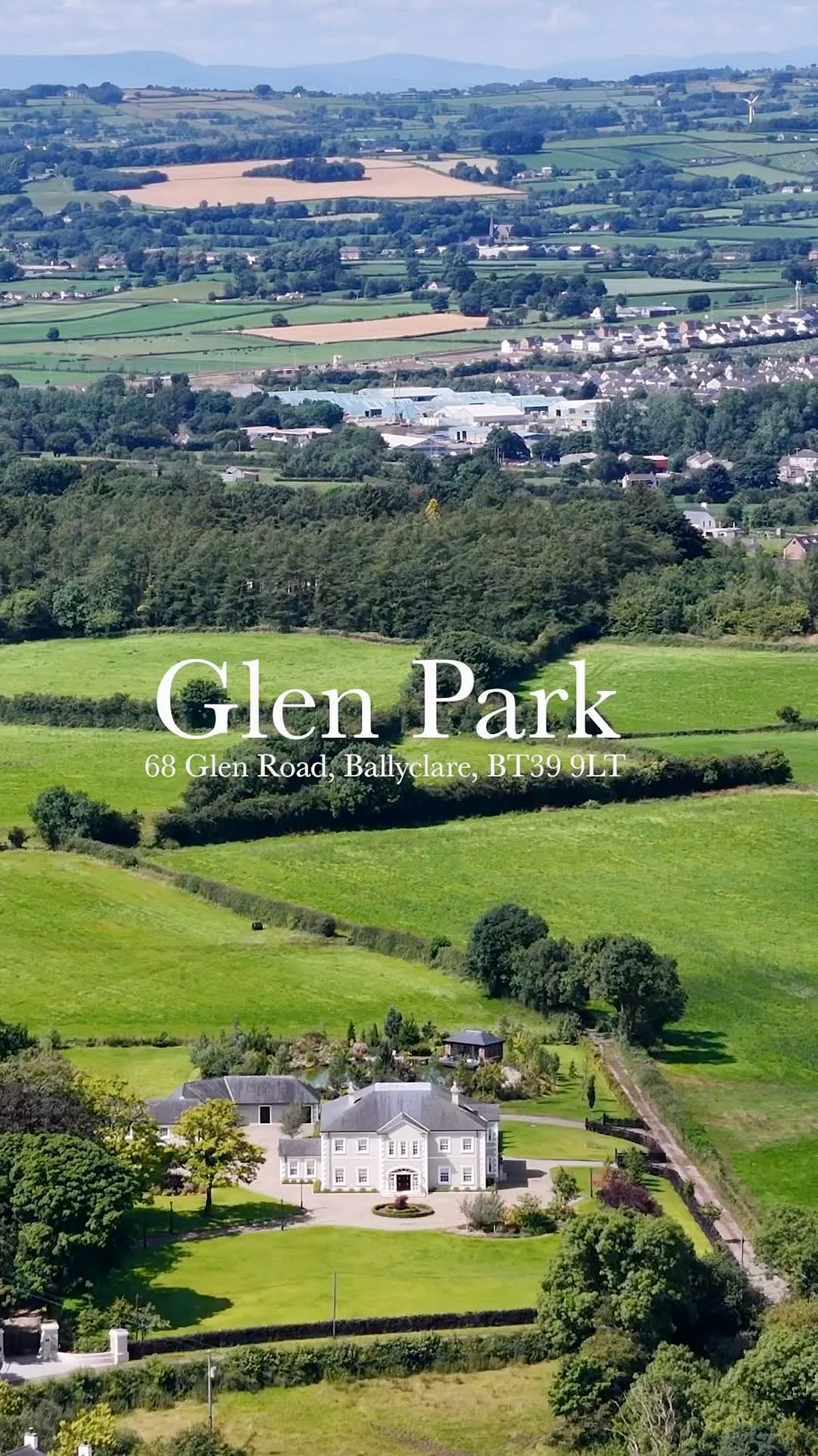 Phantom drone film still of a detached home and its grounds at Glen Road, Ballyclare, County Antrim