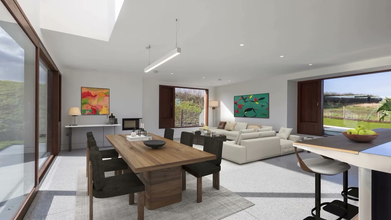 Phantom property film still of a contemporary family home in Holywood captured at dusk with warm interior lighting